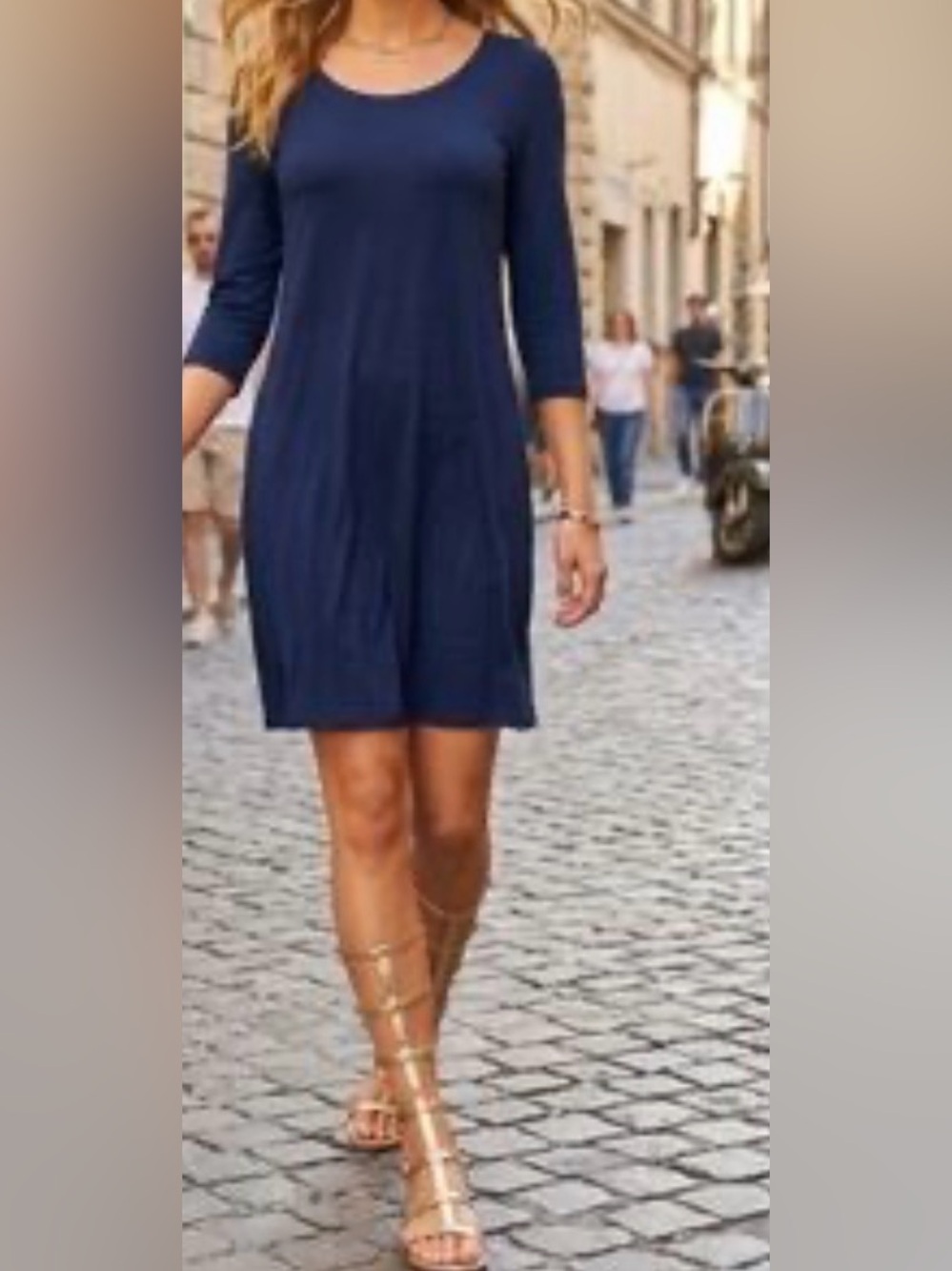 Eileen Fisher 3/4 Sleeve Jersey Dress Navy Blue side pockets size S